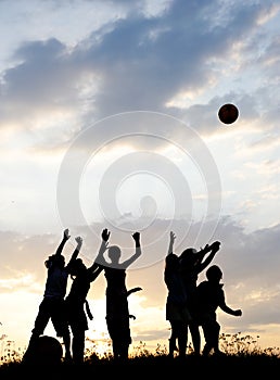 Silhouette, group of happy children