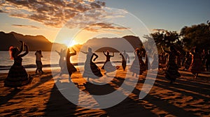 Silhouette of a group of latinos women dancing on the beach at sunset in Playa del Carmen