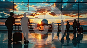 Silhouette group of people awaiting boarding in airport and looking outside at air field and daytime. Travel, romantic, holidays