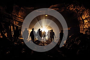 Silhouette of a group of people walking in the mine at night, Silhouette of miners with headlamps entering an underground coal