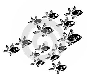 Silhouette of group of sea fishes, Small animals underwater isolated on white. Small life in the sea pattern. Environment of ocean