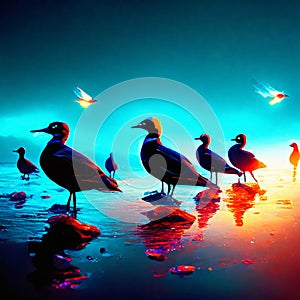 Silhouette of a group of seagulls on the water generative AI