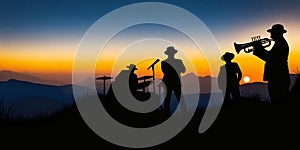 Silhouette of a group of three folksong musicians playing music in the grassland with the morning sun on top of a mountain