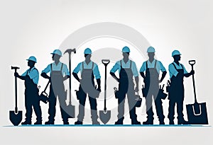 silhouette of a group of workers with blue helmets and tools