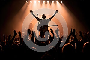 silhouette of a guitarist onstage, audiences hands raised in the air