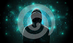 Silhouette of a hacker on a background with binary code and lights, hacking of a computer system