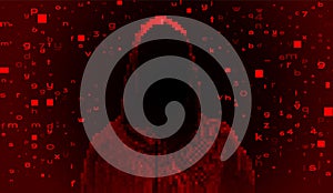 Silhouette of a hacker on a background with binary code and lights, hacking of a computer system, theft of data