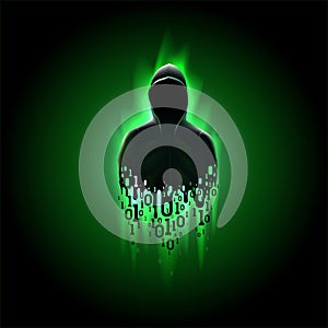 Silhouette of a hacker with binary code on a green background, hacking of a computer system, theft of data