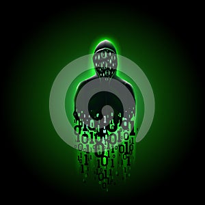 Silhouette of a hacker in a hood with binary code on a luminous green background