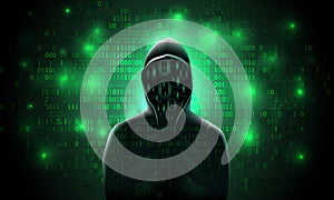 Silhouette of a hacker in a hood with binary code on a luminous green background, hacking, theft of data