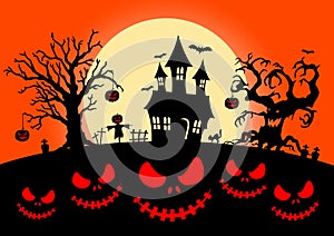 Silhouette halloween pumpkins and cemetery, castle, big evil tree, on big moon and red sky in background with face scary.