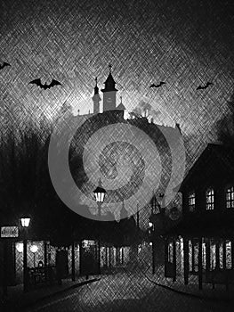 silhouette of a halloween town in a night city