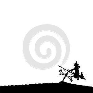 Silhouette of Halloween witch and cat on a broomstick