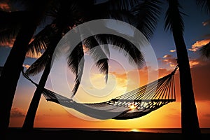 Silhouette of hammock strung between two swaying palm trees. Generative AI