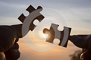 Silhouette of hand holding Jigsaw with Sunrise background. . symbol of association and connection. business strategy