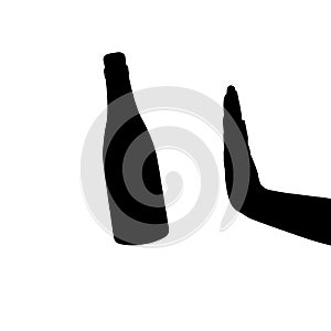 Silhouette hand shows sign no alcohol. Stop alcoholism