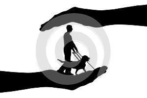 Silhouette In hands a blind man and dog guide