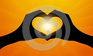 Silhouette of hands in form of heart against sun. Vector illustration