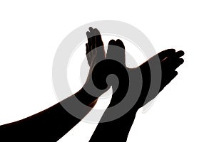 Silhouette of hands showing flying bird wings gesture isolated on white background. Blank for design photo