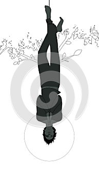 Silhouette of hanged man from a tree, face down, subject of the right foot, with praying hands, isolated on white background