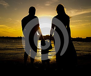Silhouette of happy family looking at sunset .