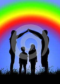 Silhouette of a happy family making the home sign on a backgroun of rainbow