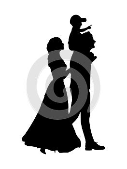 Silhouette happy family mother and father carry son on shoulders