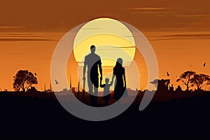 silhouette of a happy family at sunset