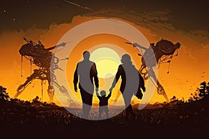 silhouette of a happy family at sunset