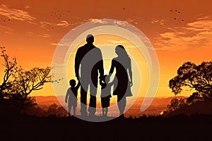 silhouette of a happy family at sunset