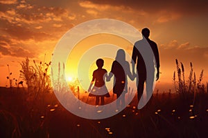 Silhouette of a happy family walking in the field at sunset, Silhouette of young couple hiker were standing at the top of the