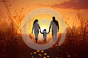 Silhouette of a happy family walking in the field at sunset, Silhouettes of happy family holding the hands in the meadow during