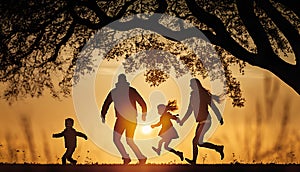 Silhouette of happy family walking in the park at sunset.