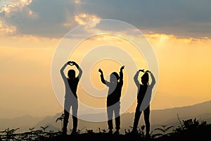 Silhouette of happy friends  in sunset sky evening time background,  Group of young people having fun on summer vacation,  Youth