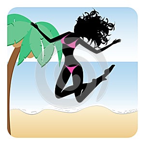 Silhouette of happy girl wearing bikini jumping on beach