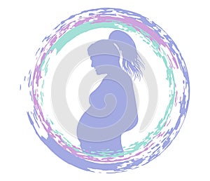Silhouette of happy pregnant woman in grunge round frame. Mother\'s day. Vector illustration