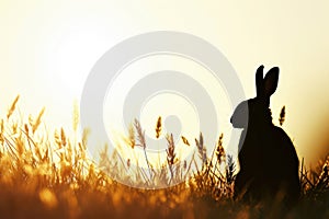 Silhouette of a happy rabbit sitting in tall grass in a grassland