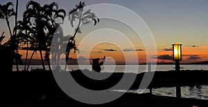 Silhouette of a Hawaiian hula dancer at sunset with palm trees on the beach, Lahaina, Maui, Hawaii