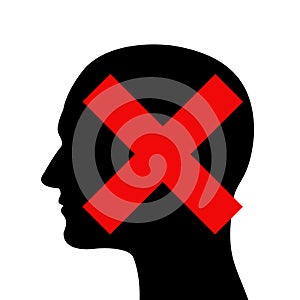 Silhouette of head is crossed out - elimination, ban, removal, exclusion, disqualification, suspension of man and person.