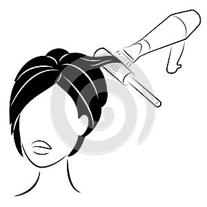 Silhouette of the head of a cute lady. The girl in the beauty salon. A woman does her hair, combs and dries her hair with a