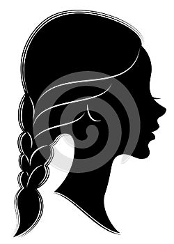 Silhouette of the head of a cute lady. The girl shows the female hair braid on medium and long hair. Suitable for logo,
