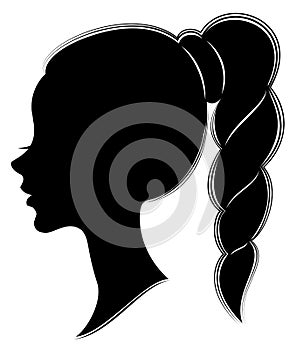 Silhouette of the head of a cute lady. The girl shows the female hairstyle braid on medium and long hair. Suitable for logo,
