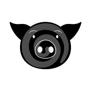 Silhouette of head with face pig icon and logo. Linear and outline vector cartoon illustration. Clipart and drawing.