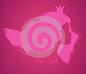 Silhouette head with hair and crown.Vector illustration of woman