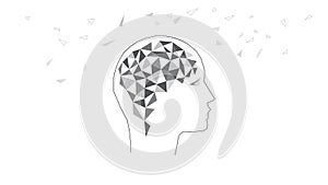Silhouette of the head. Polygonal brain. Concept of thinking human, visualization of process of thinking. Black white illustration