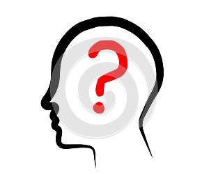 Silhouette of a head and a question mark on a white background. Sketch. Interact. Vector