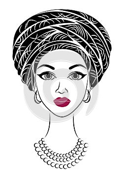 Silhouette of a head of a sweet lady. A bright shawl and a turban are tied on the head of an African-American girl. The woman is
