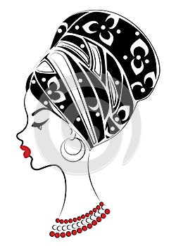 Silhouette of a head of a sweet lady. A bright shawl and a turban are tied on the head of an African-American girl. The woman is