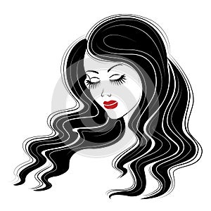 Silhouette of a head of a sweet lady. The girl shows her hairstyle on long and medium hair. The woman is beautiful and stylish.