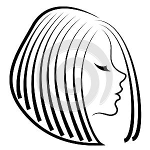 Silhouette of a head of a sweet lady. The girl shows her hairstyle on long and medium hair. The woman is beautiful and stylish.